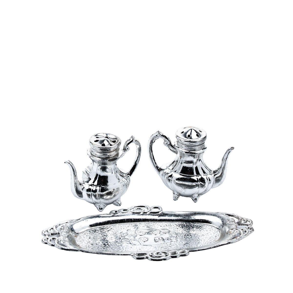 Teapot-Shaped Salt and Pepper Shaker Set - Ornate Oval Tray
