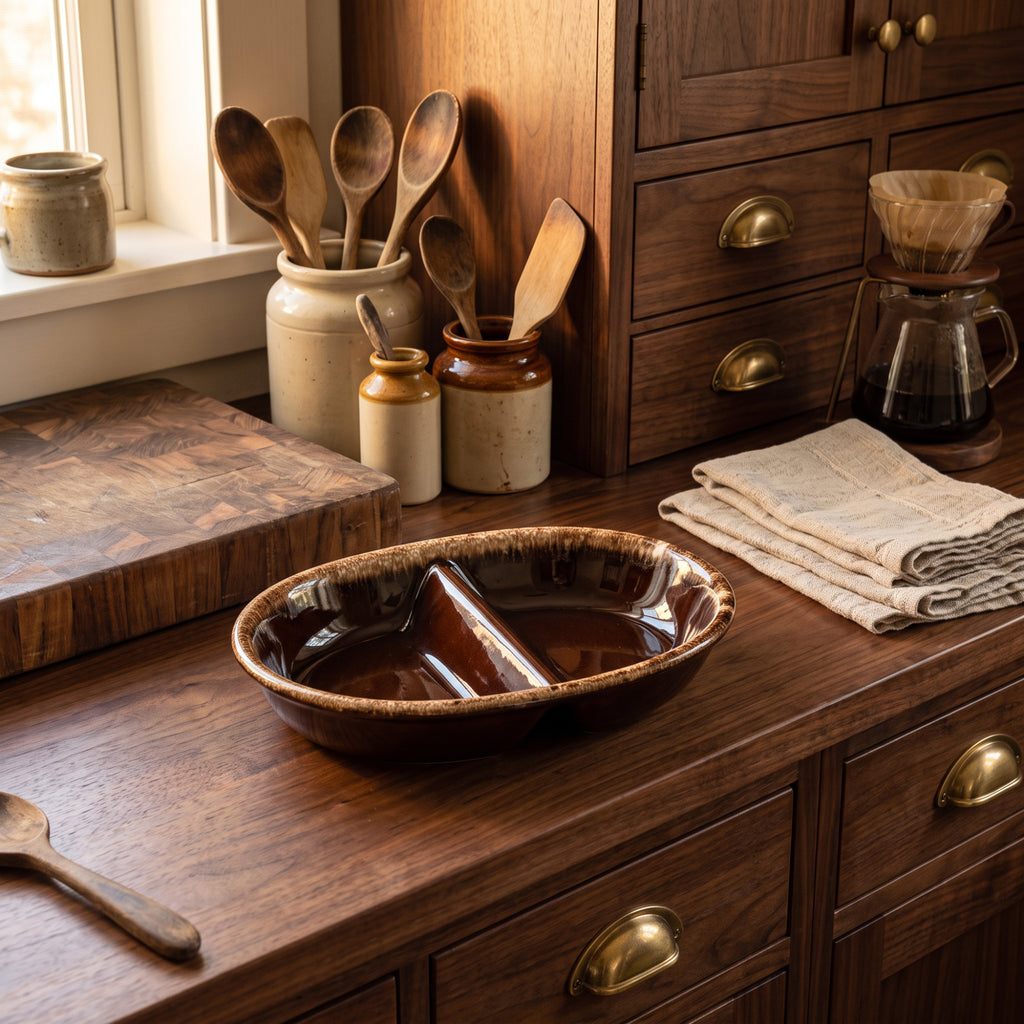 Hull Brown Drip Oval Divided Vegetable Dish