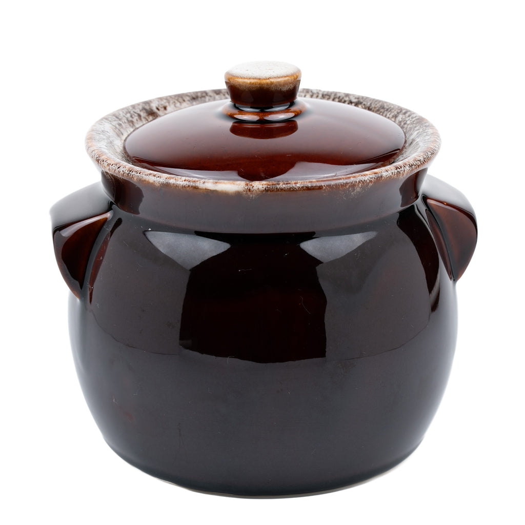 Brown Drip-Glazed Ceramic Lidded Bean Pot - Two Lug Handles