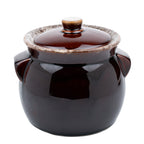 Brown Drip-Glazed Ceramic Lidded Bean Pot - Two Lug Handles
