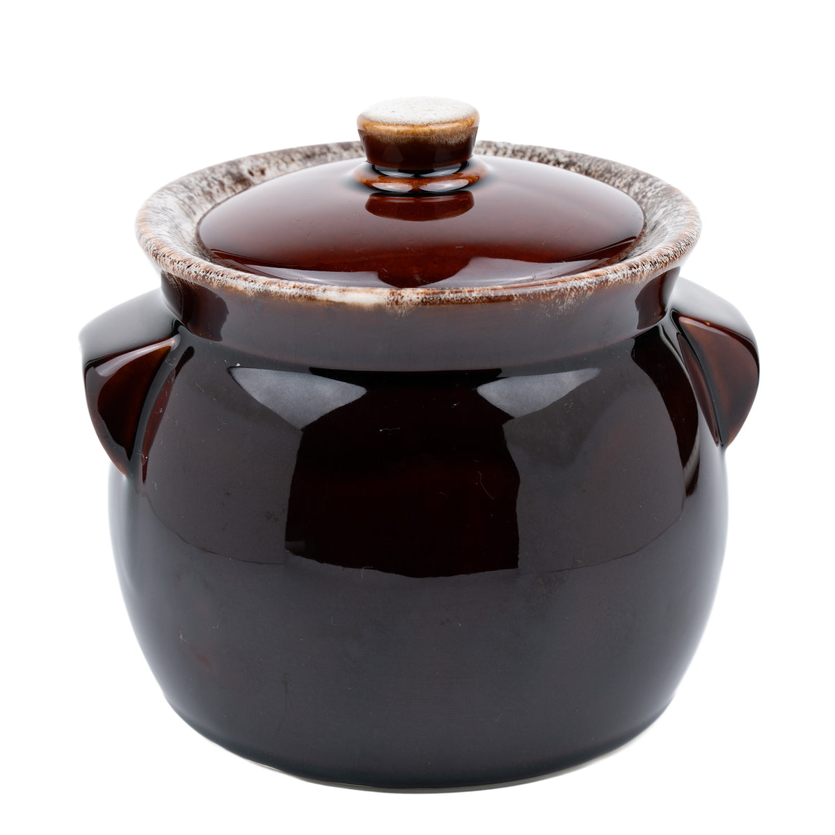 Brown Drip-Glazed Ceramic Lidded Bean Pot - Two Lug Handles