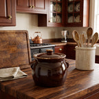 Brown Drip-Glazed Ceramic Lidded Bean Pot - Two Lug Handles