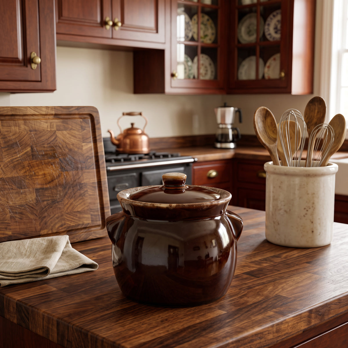 Brown Drip-Glazed Ceramic Lidded Bean Pot - Two Lug Handles
