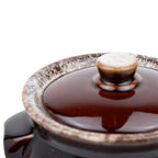Brown Drip-Glazed Ceramic Lidded Bean Pot - Two Lug Handles