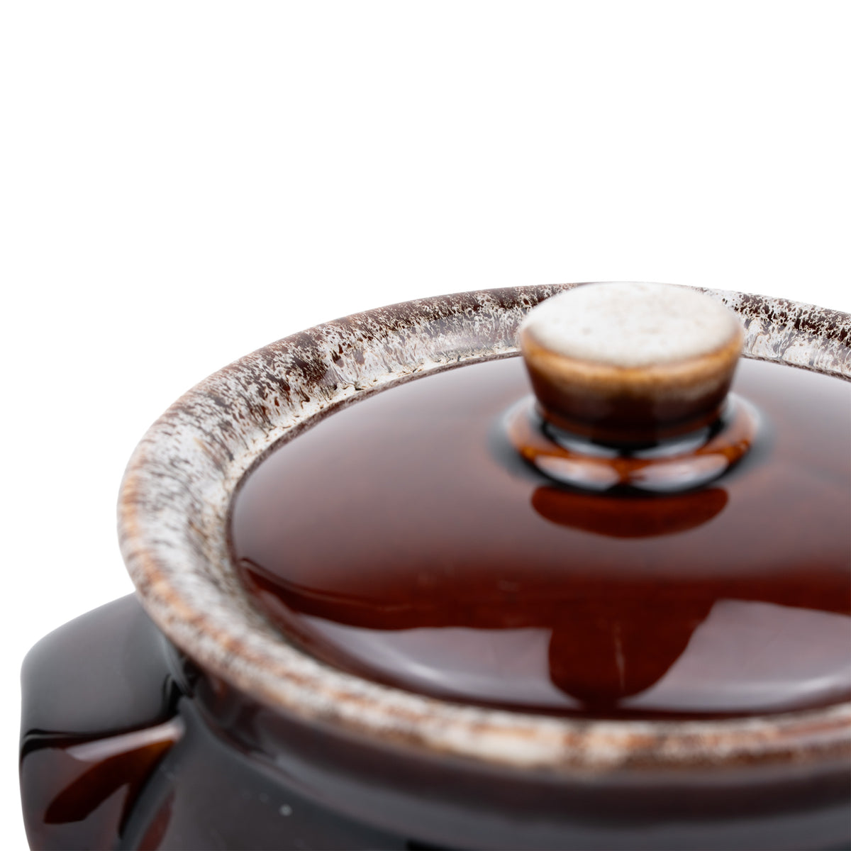 Brown Drip-Glazed Ceramic Lidded Bean Pot - Two Lug Handles