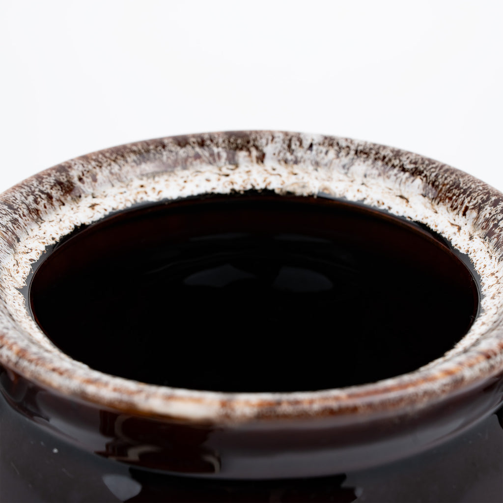 Brown Drip-Glazed Ceramic Lidded Bean Pot - Two Lug Handles