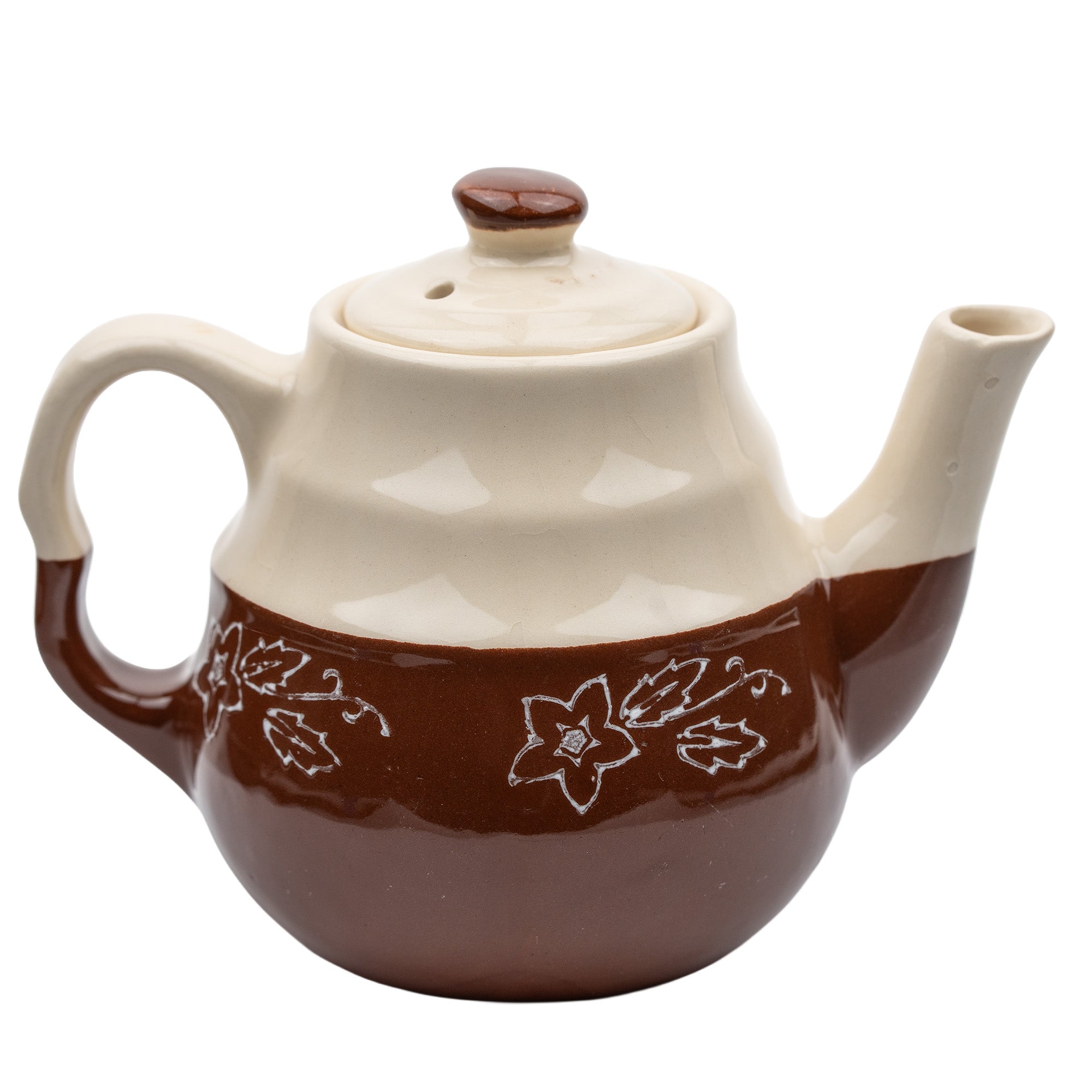 Brown & Cream Ceramic Teapot - Cottagecore Floral Band