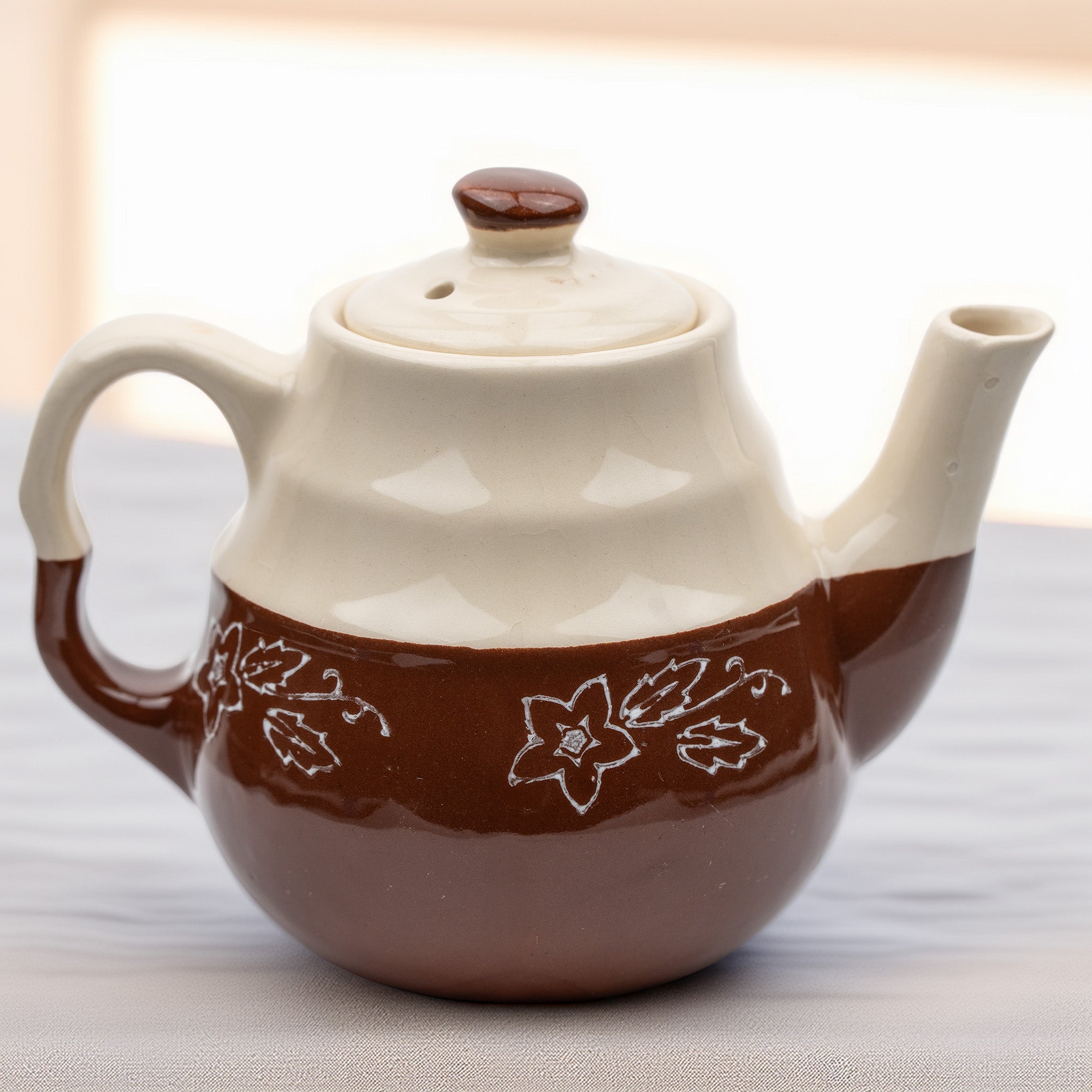 Brown & Cream Ceramic Teapot - Cottagecore Floral Band