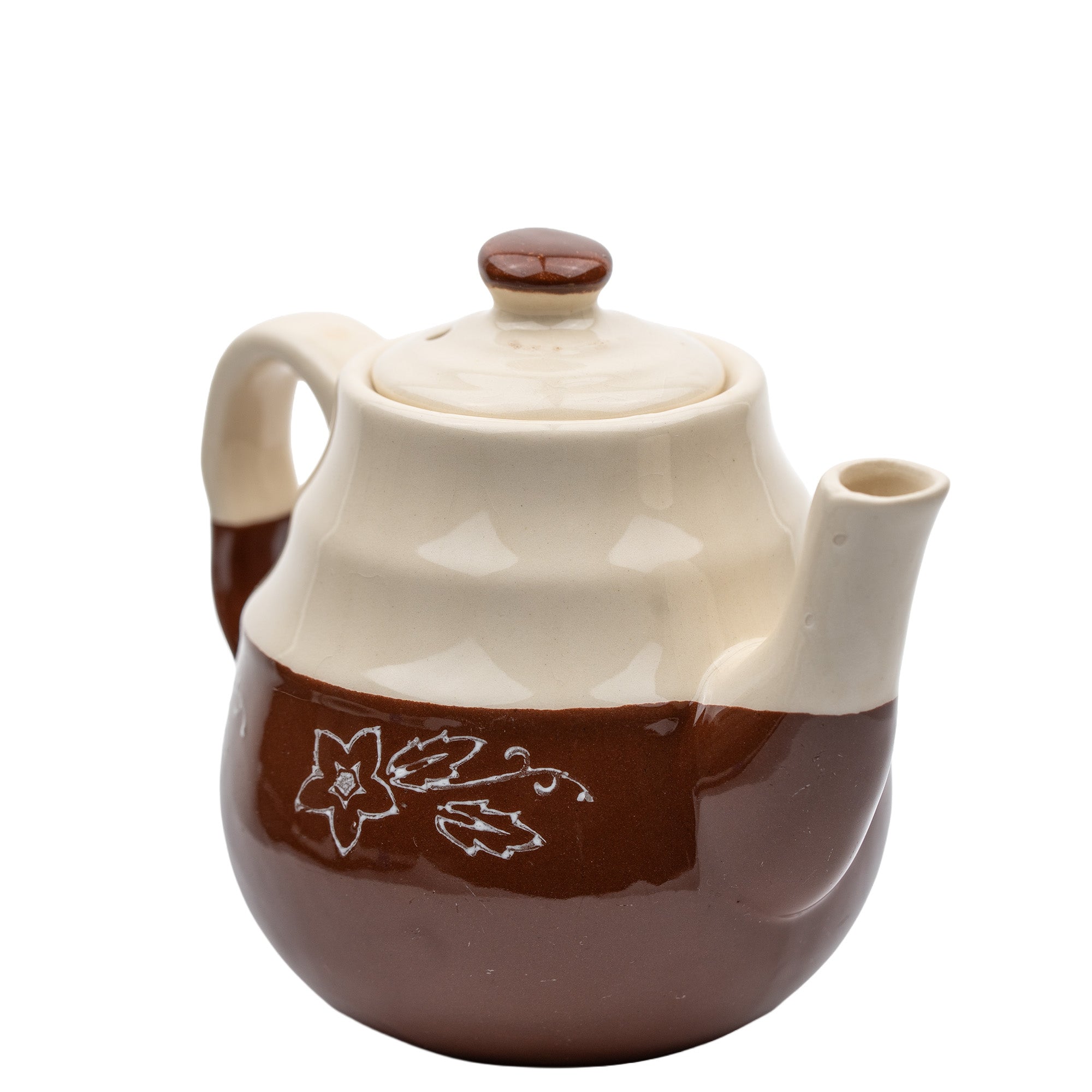 Brown & Cream Ceramic Teapot - Cottagecore Floral Band