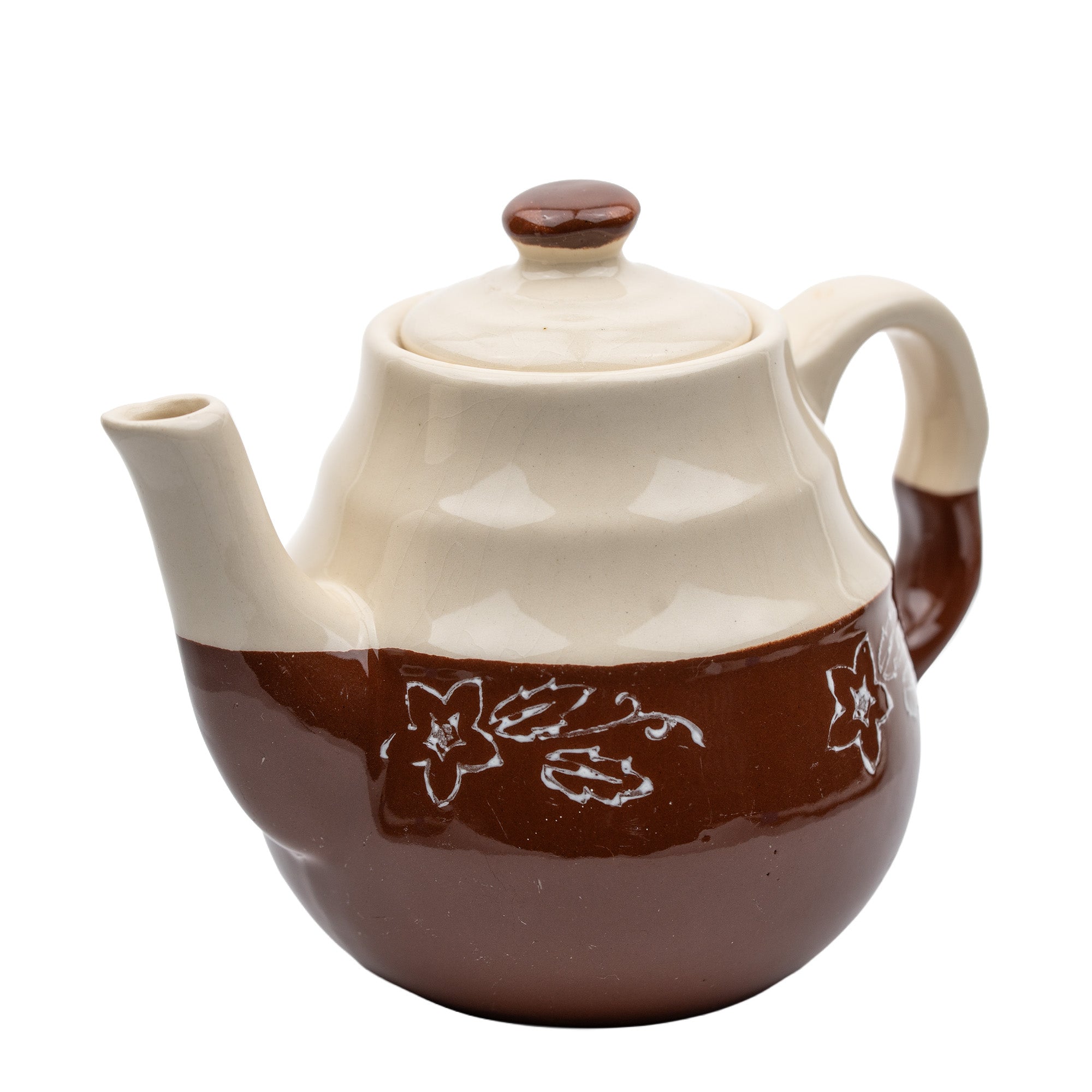 Brown & Cream Ceramic Teapot - Cottagecore Floral Band