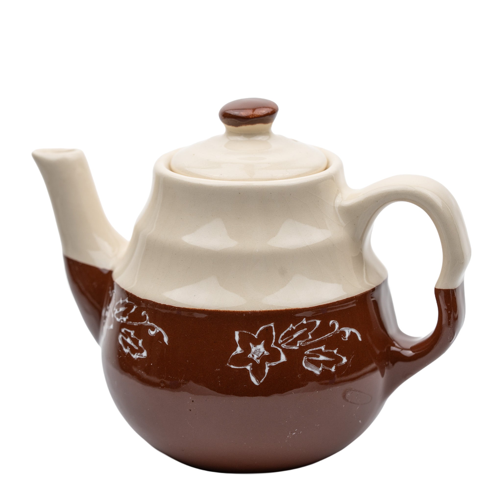 Brown & Cream Ceramic Teapot - Cottagecore Floral Band