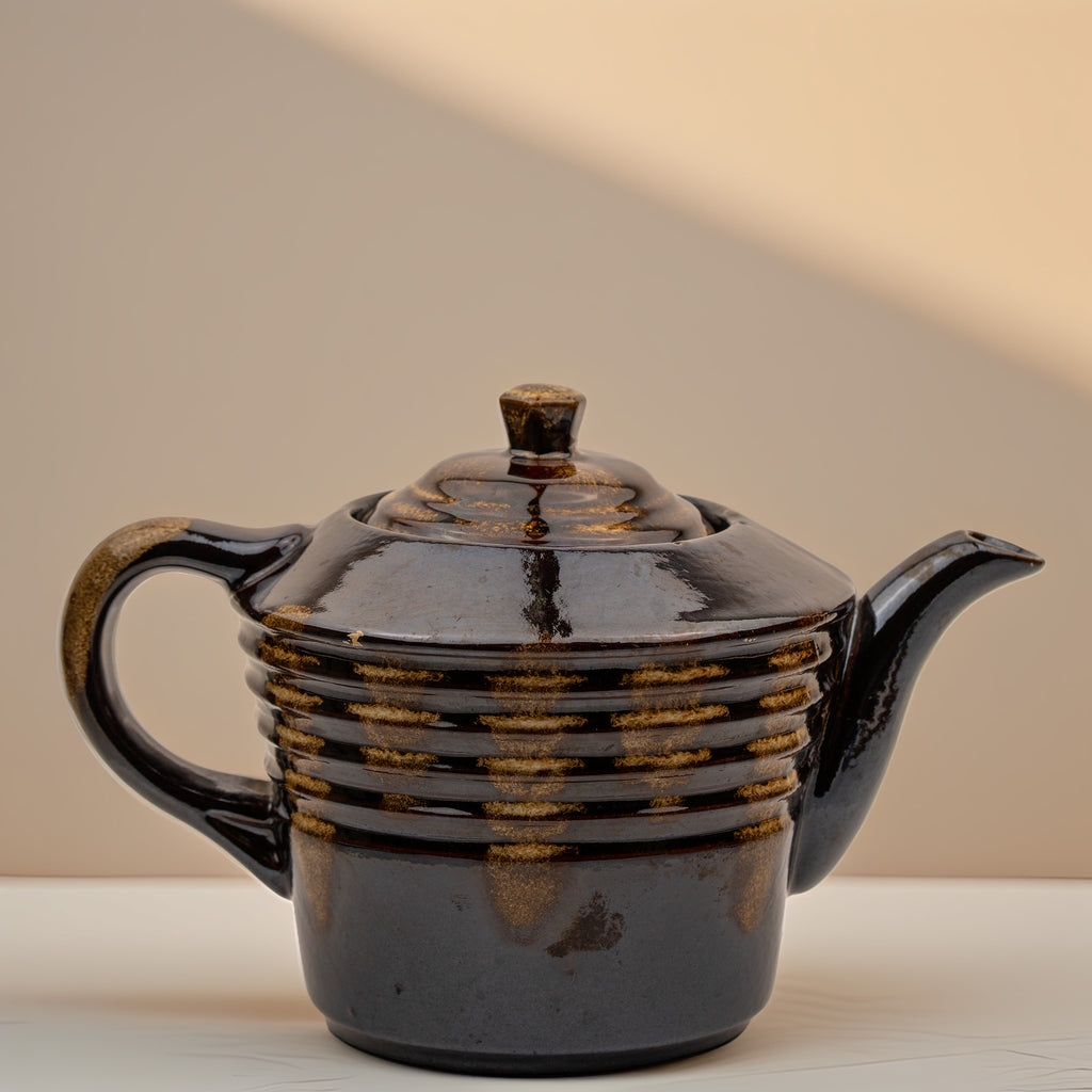 Dark Brown Ribbed Ceramic Teapot - Reactive Drip Glaze