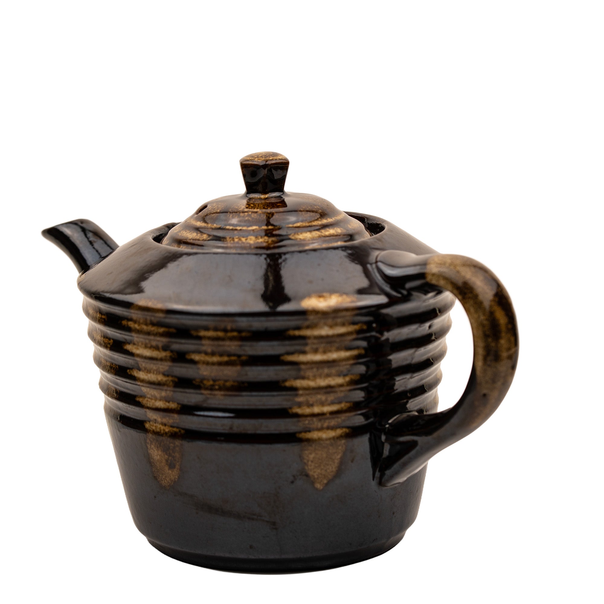 Dark Brown Ribbed Ceramic Teapot - Reactive Drip Glaze