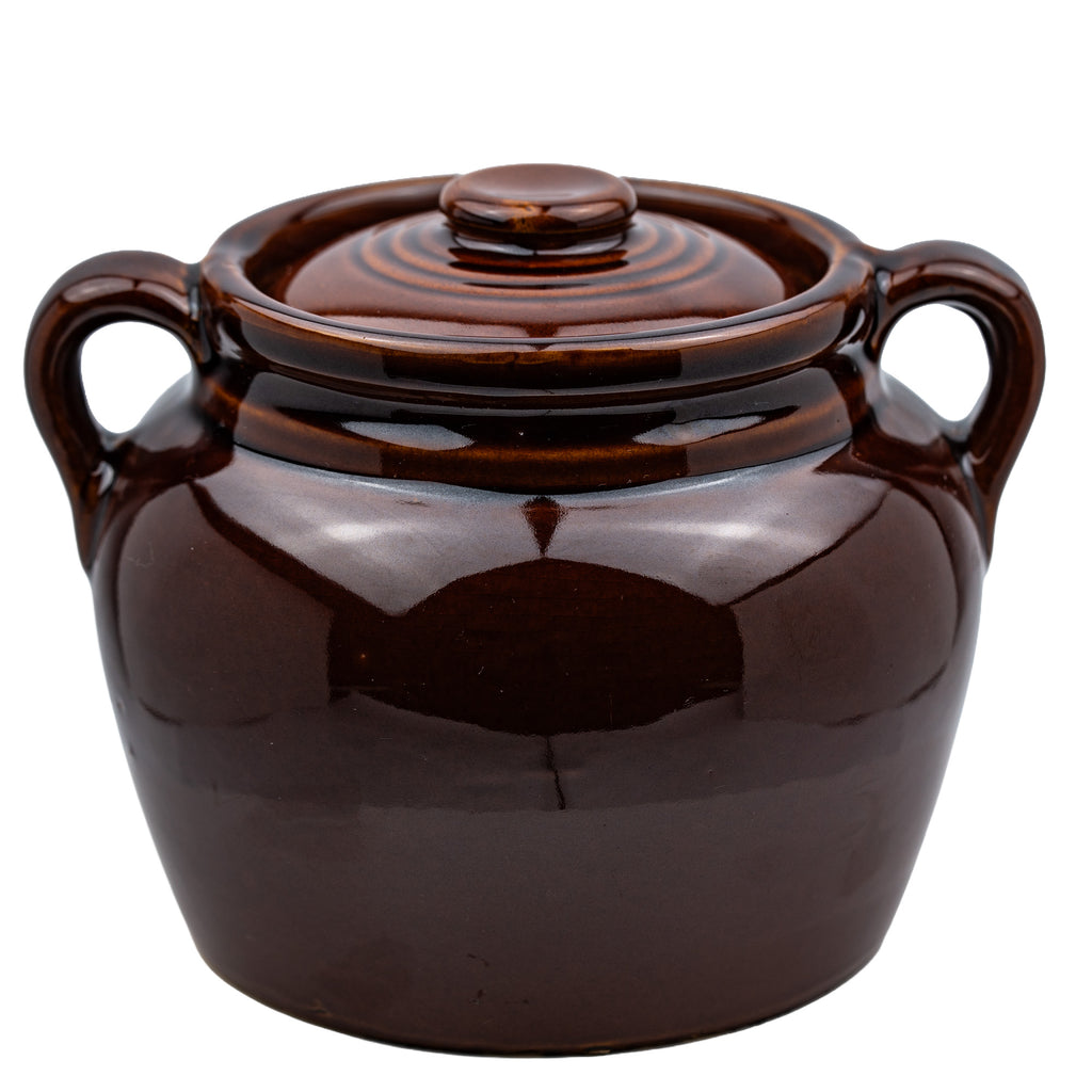 Brown Glazed Stoneware Lidded Jar - Two-Handled USA Bean Pot