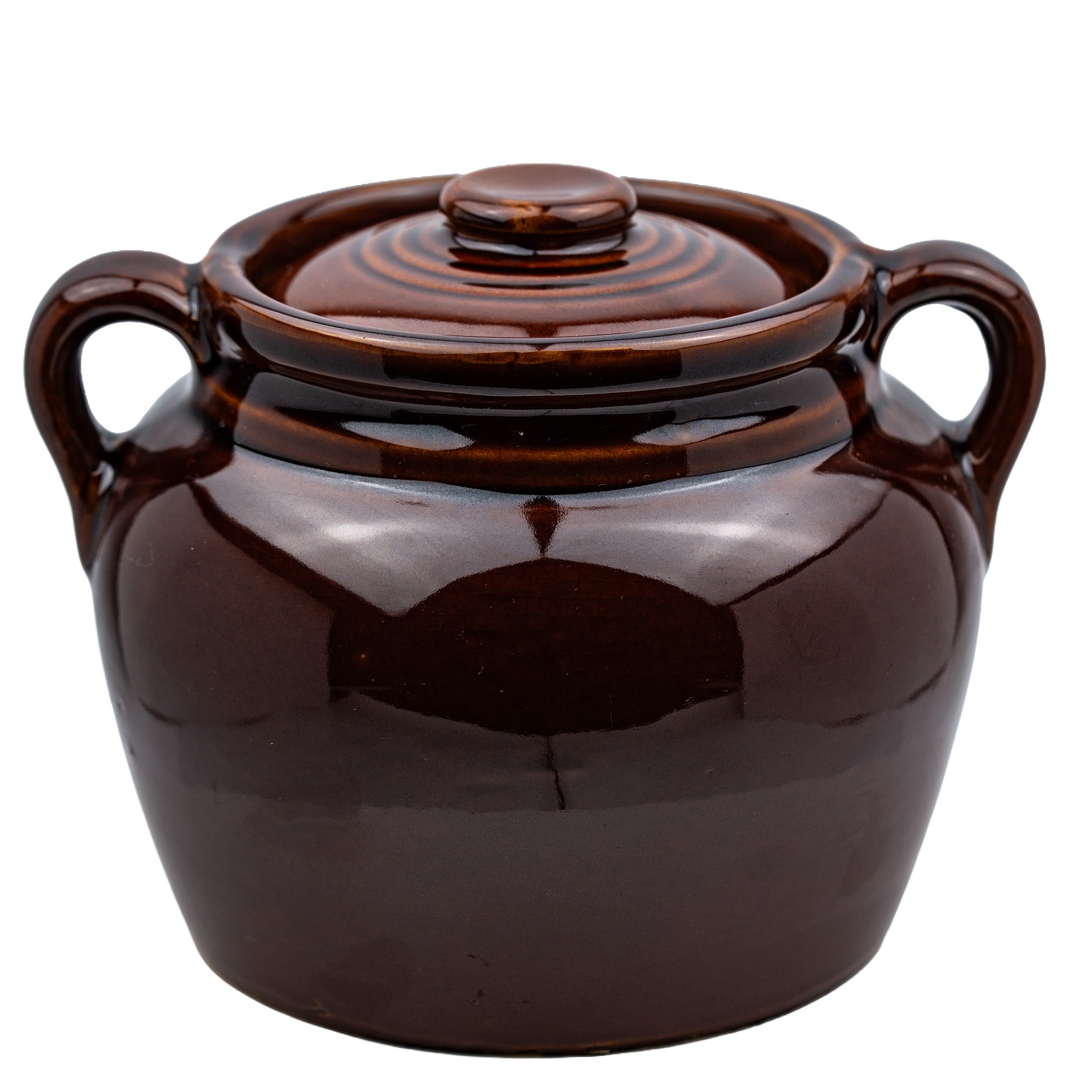 Brown Glazed Stoneware Lidded Jar - Two-Handled USA Bean Pot