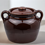 Brown Glazed Stoneware Lidded Jar - Two-Handled USA Bean Pot