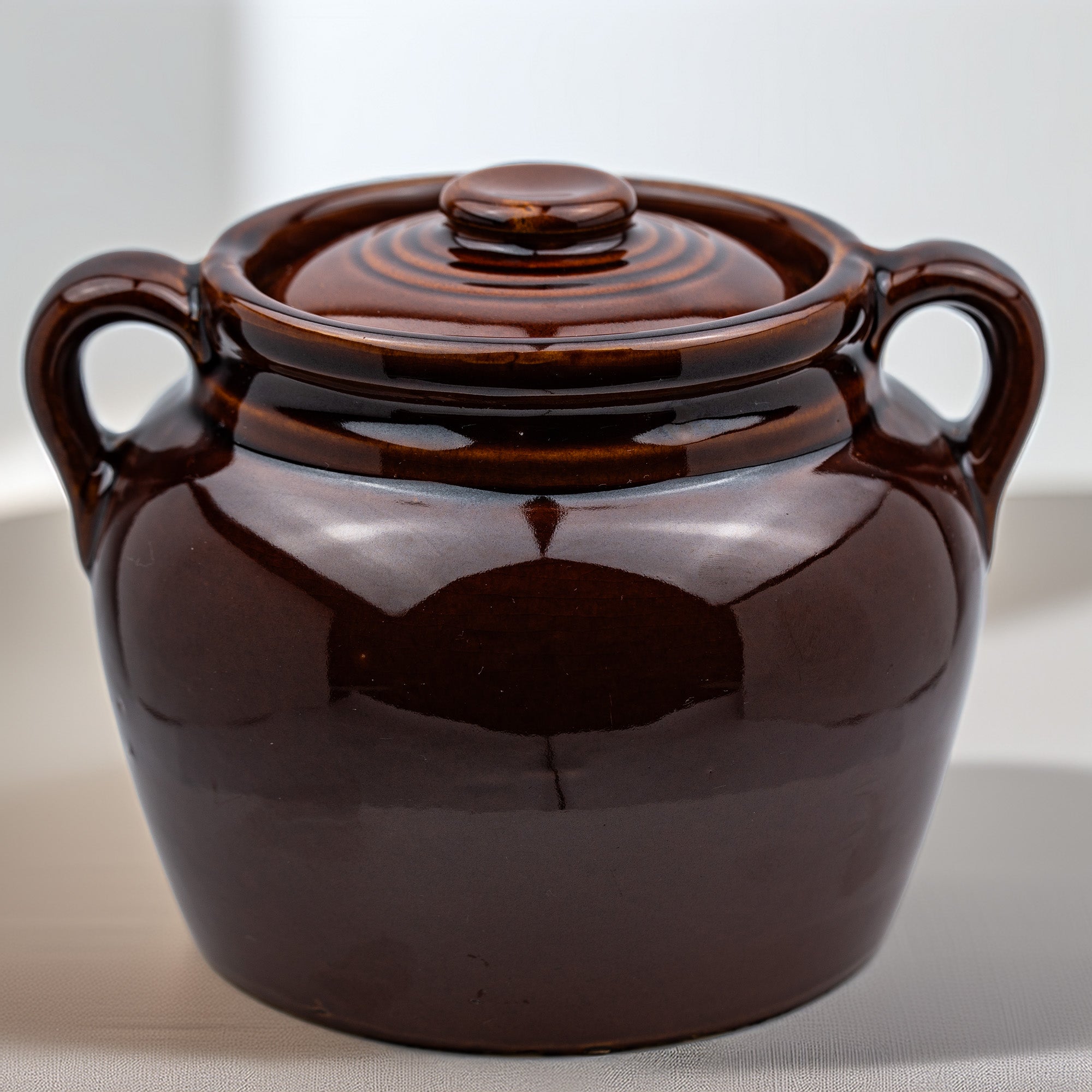Brown Glazed Stoneware Lidded Jar - Two-Handled USA Bean Pot