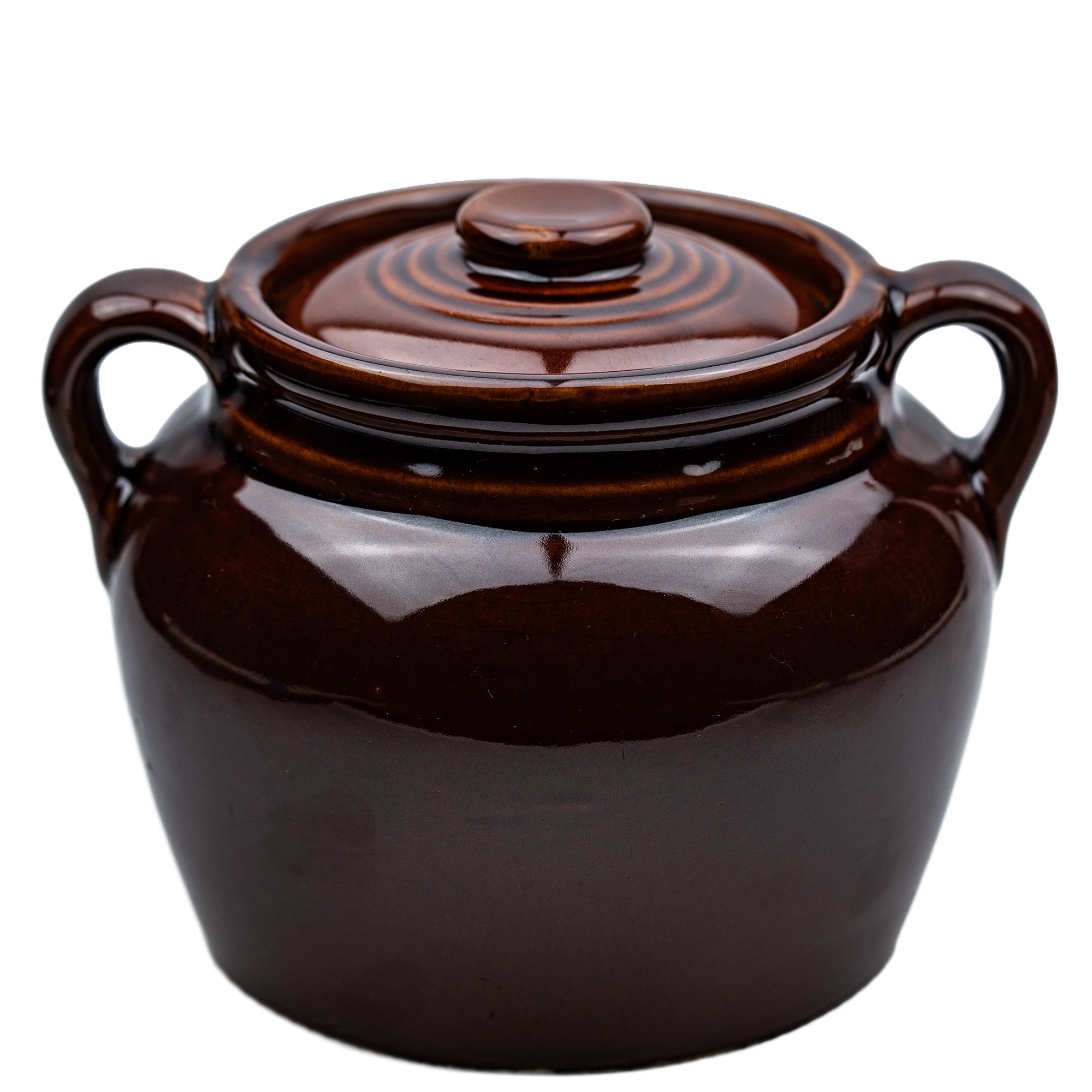 Brown Glazed Stoneware Lidded Jar - Two-Handled USA Bean Pot