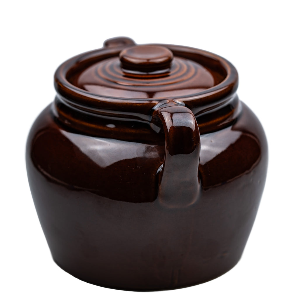 Brown Glazed Stoneware Lidded Jar - Two-Handled USA Bean Pot