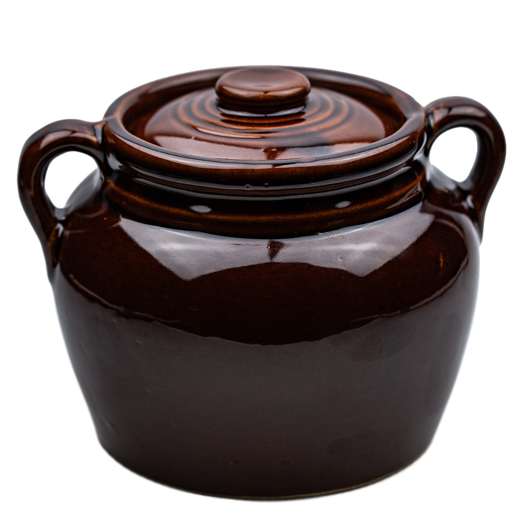 Brown Glazed Stoneware Lidded Jar - Two-Handled USA Bean Pot