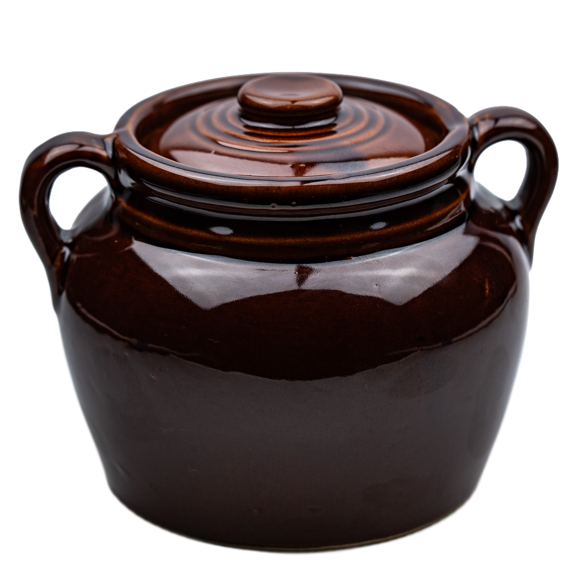 Brown Glazed Stoneware Lidded Jar - Two-Handled USA Bean Pot
