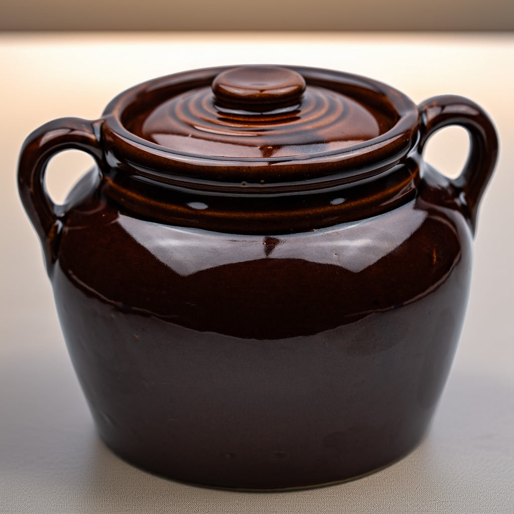Brown Glazed Stoneware Lidded Jar - Two-Handled USA Bean Pot
