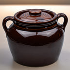 Brown Glazed Stoneware Lidded Jar - Two-Handled USA Bean Pot