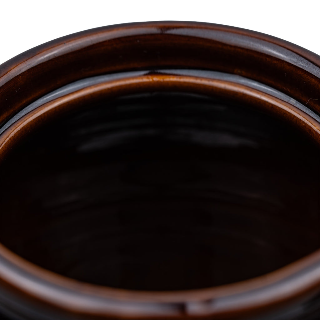 Brown Glazed Stoneware Lidded Jar - Two-Handled USA Bean Pot