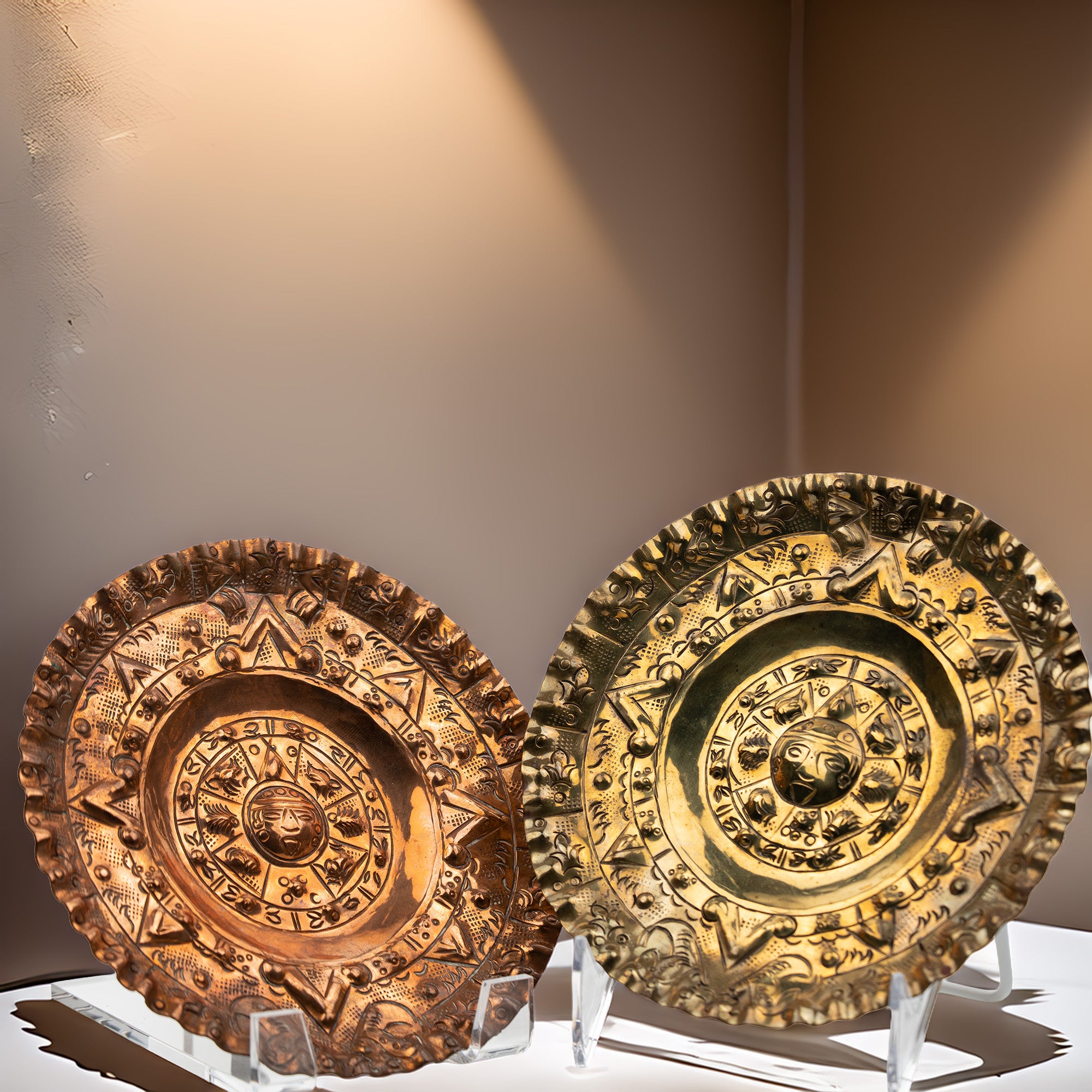 Mexican Sun Face Wall Plate Pair – Hammered Metal Design