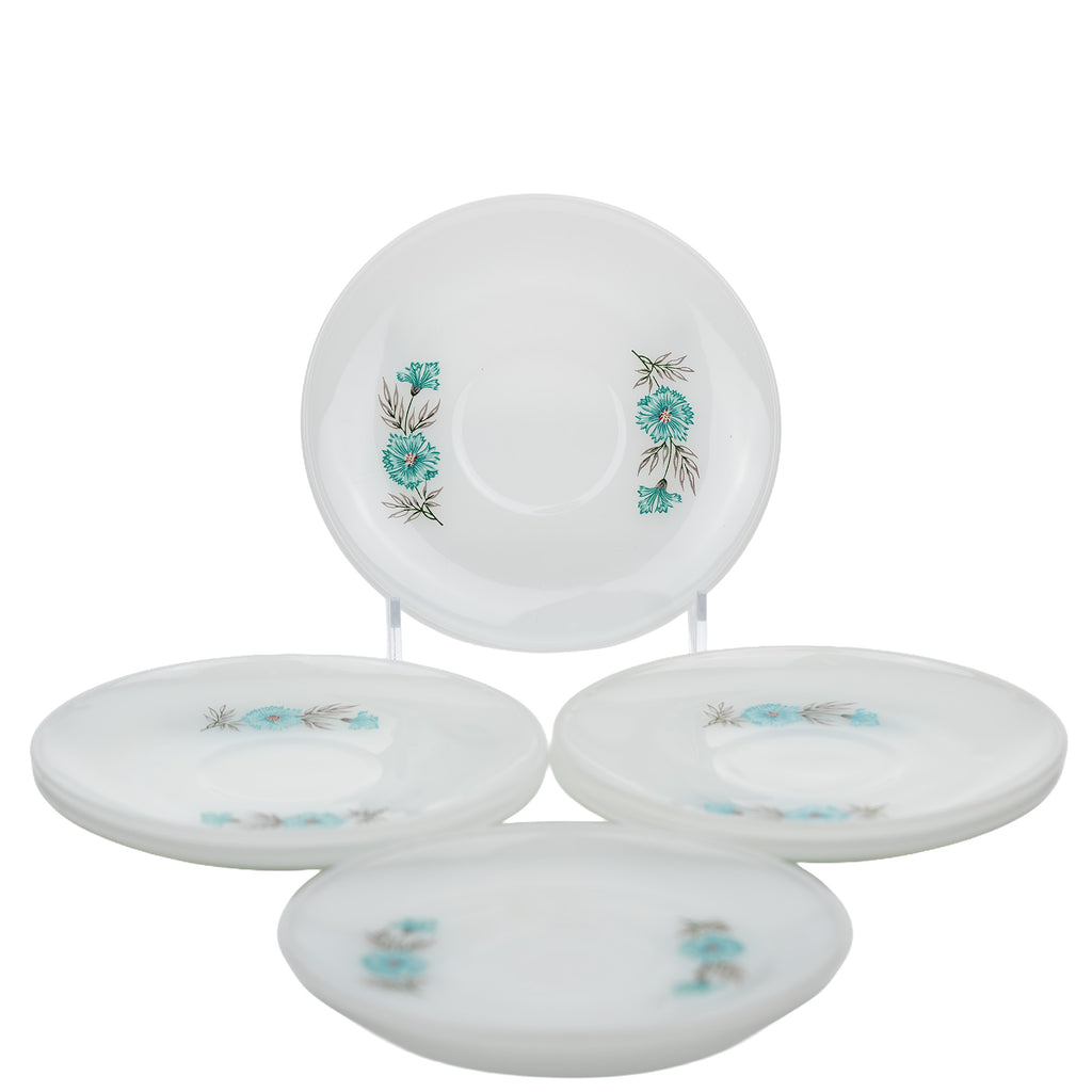 Fire‑King Bonnie Blue Milk Glass Cup and Saucer Set – Six‑Piece Floral Tea Service