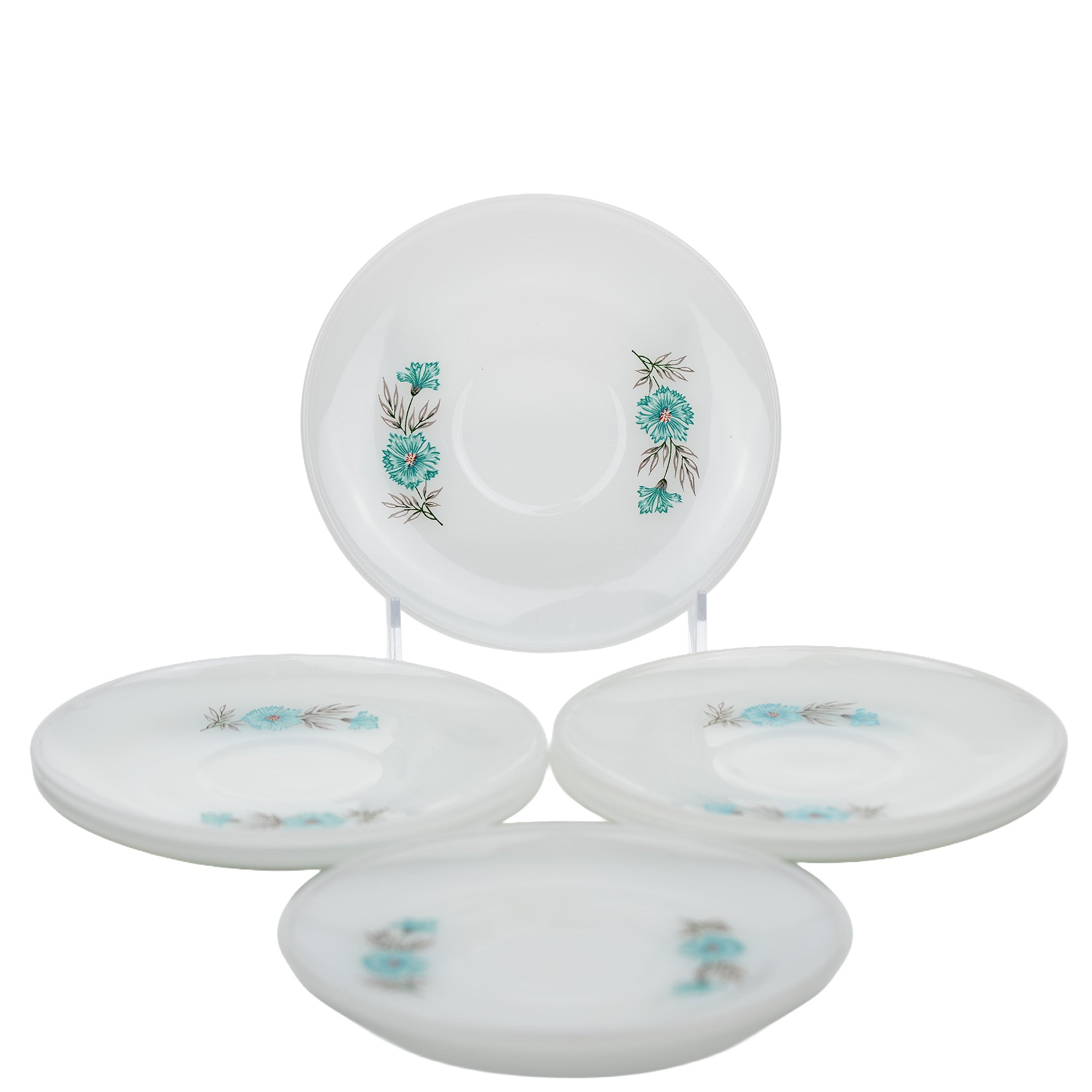 Fire‑King Bonnie Blue Milk Glass Cup and Saucer Set – Six‑Piece Floral Tea Service