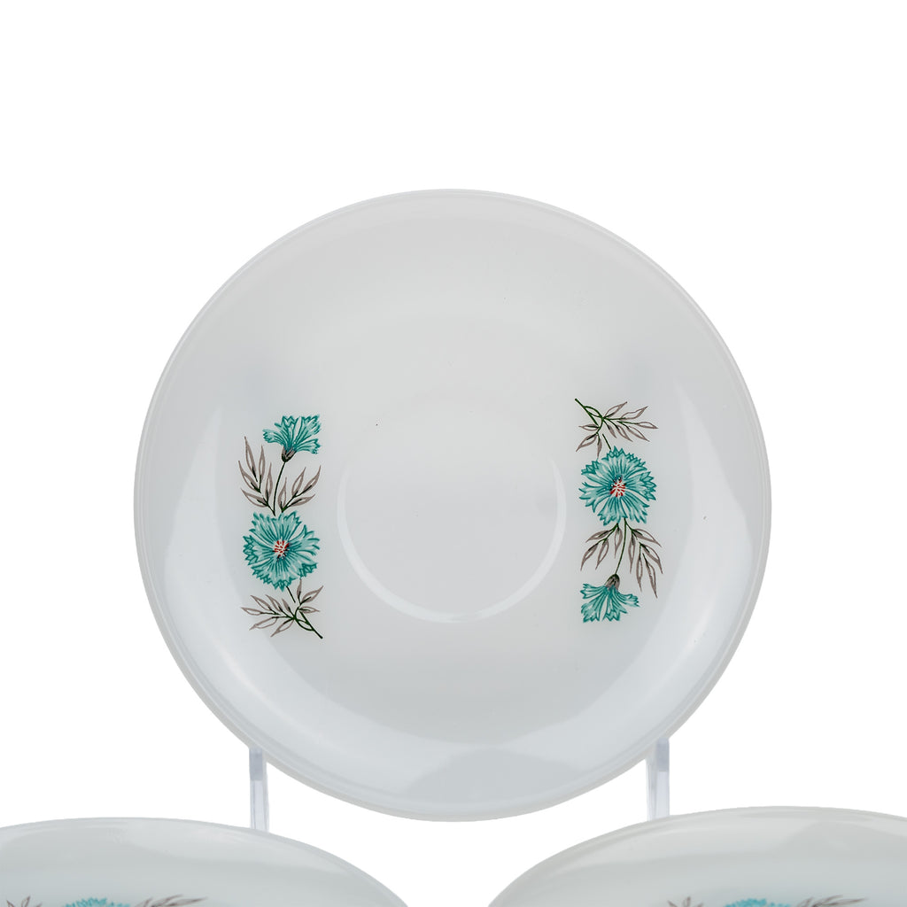 Fire‑King Bonnie Blue Milk Glass Cup and Saucer Set – Six‑Piece Floral Tea Service