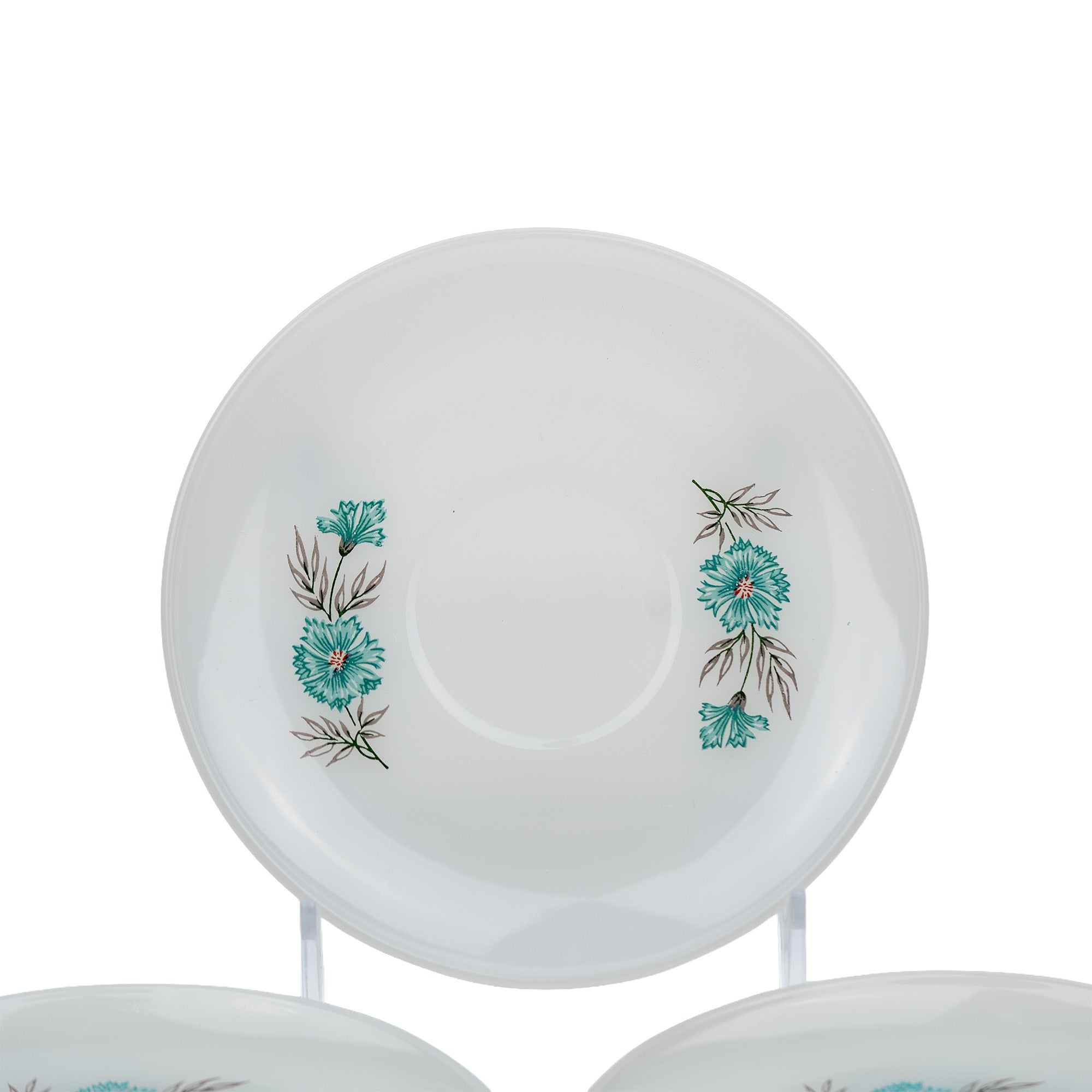 Fire‑King Bonnie Blue Milk Glass Cup and Saucer Set – Six‑Piece Floral Tea Service