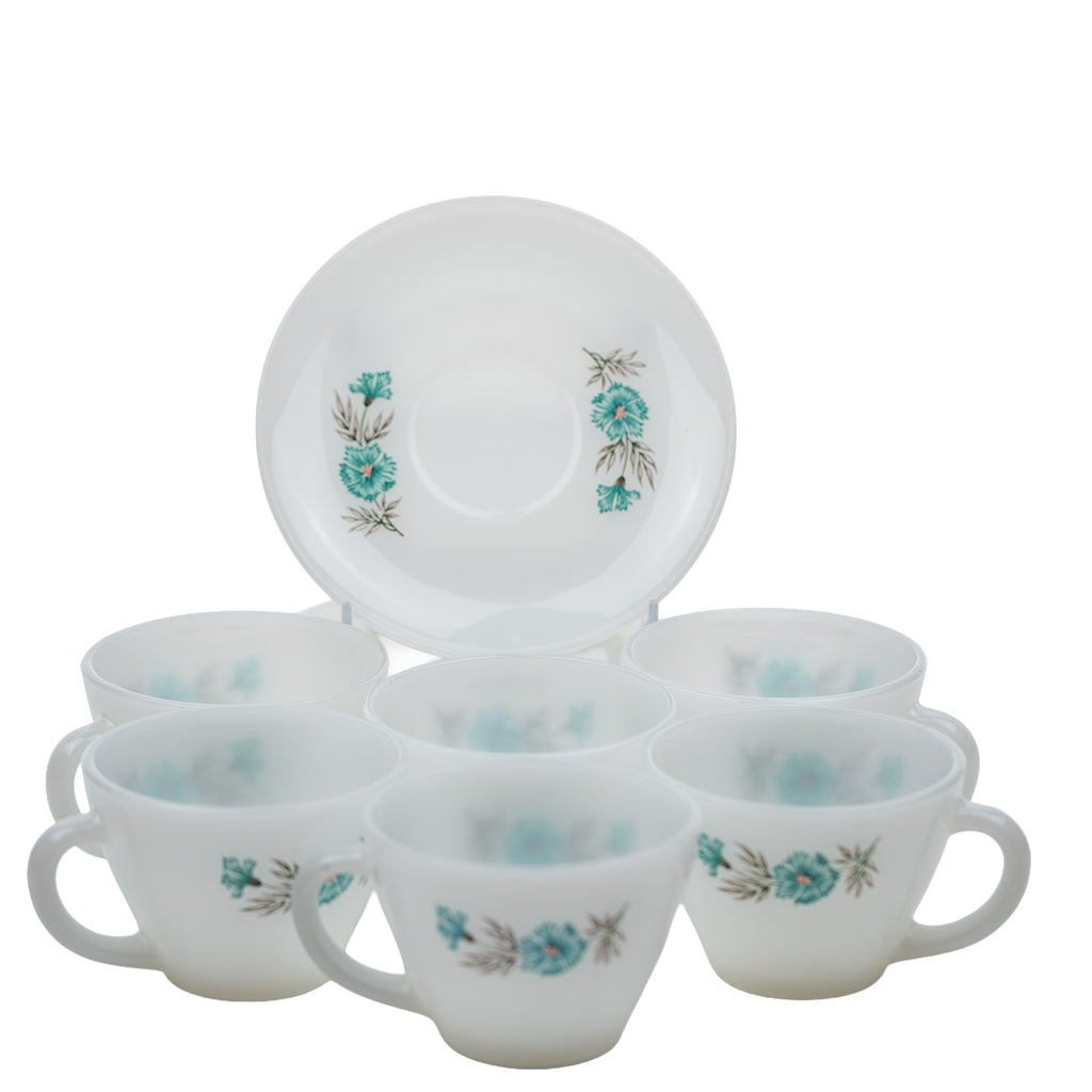 Fire‑King Bonnie Blue Milk Glass Cup and Saucer Set – Six‑Piece Floral Tea Service