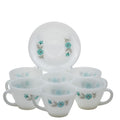 Fire‑King Bonnie Blue Milk Glass Cup and Saucer Set – Six‑Piece Floral Tea Service