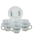 Fire‑King Bonnie Blue Milk Glass Cup and Saucer Set – Six‑Piece Floral Tea Service