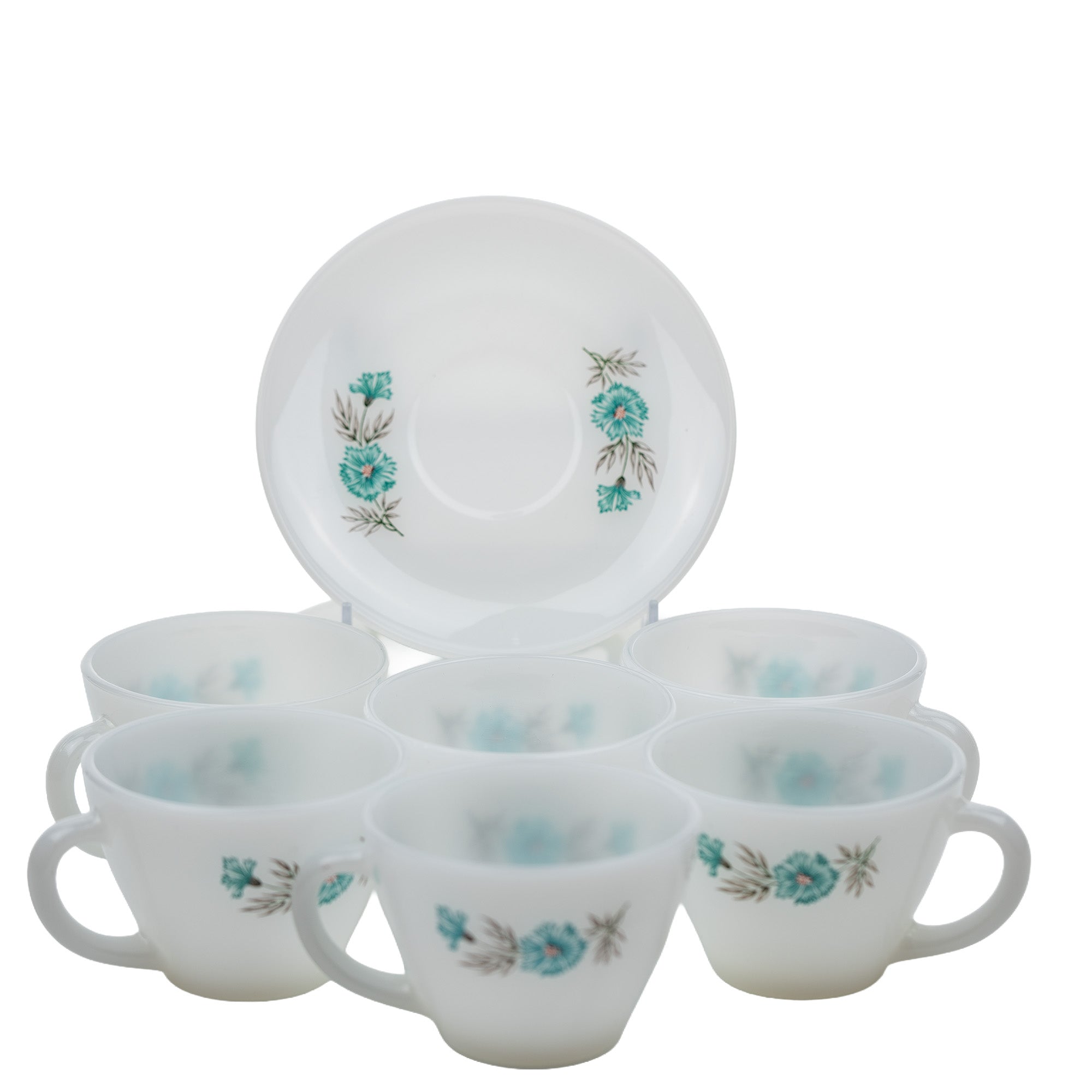 Fire‑King Bonnie Blue Milk Glass Cup and Saucer Set – Six‑Piece Floral Tea Service