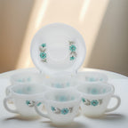 Fire‑King Bonnie Blue Milk Glass Cup and Saucer Set – Six‑Piece Floral Tea Service