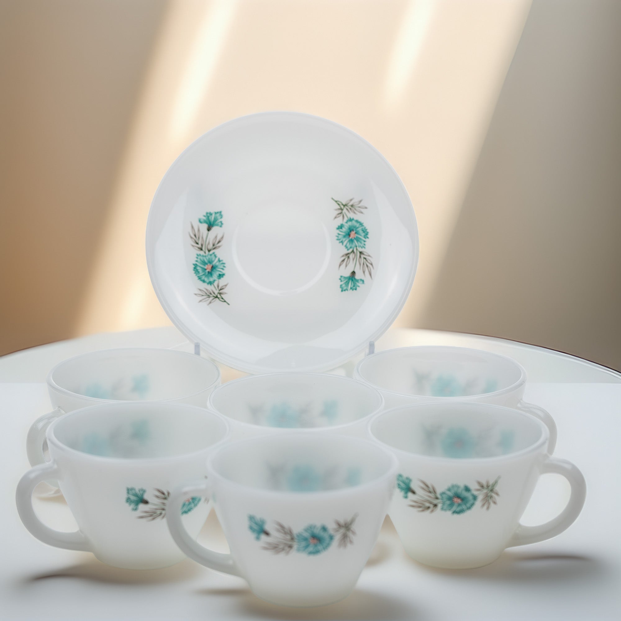 Fire‑King Bonnie Blue Milk Glass Cup and Saucer Set – Six‑Piece Floral Tea Service