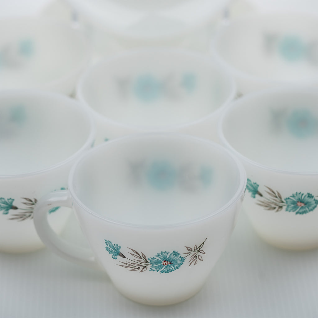 Fire‑King Bonnie Blue Milk Glass Cup and Saucer Set – Six‑Piece Floral Tea Service