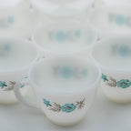 Fire‑King Bonnie Blue Milk Glass Cup and Saucer Set – Six‑Piece Floral Tea Service