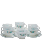 Fire‑King Bonnie Blue Milk Glass Cup and Saucer Set – Six‑Piece Floral Tea Service