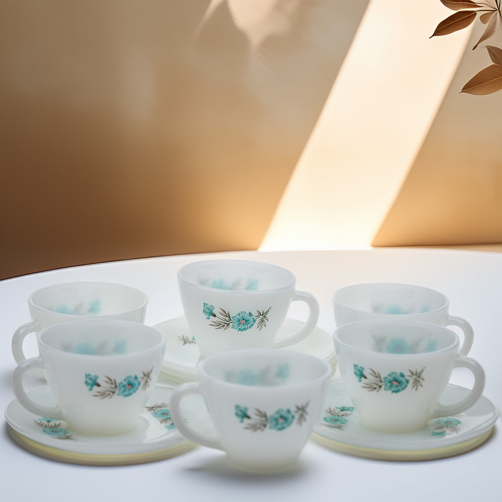 Fire‑King Bonnie Blue Milk Glass Cup and Saucer Set – Six‑Piece Floral Tea Service