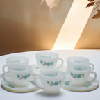 Fire‑King Bonnie Blue Milk Glass Cup and Saucer Set – Six‑Piece Floral Tea Service