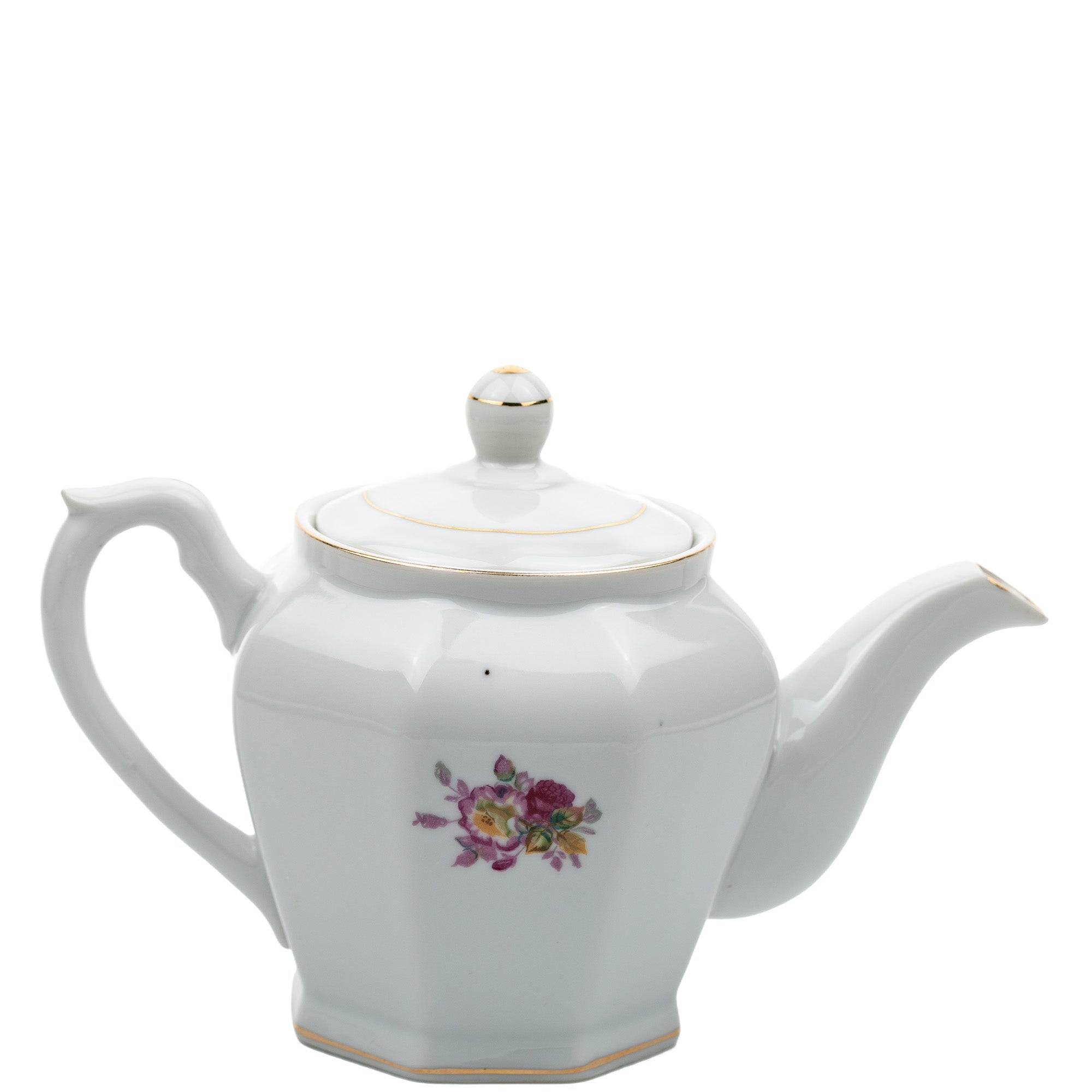 Octagonal Floral Porcelain Teapot - Gold Gilt Detail