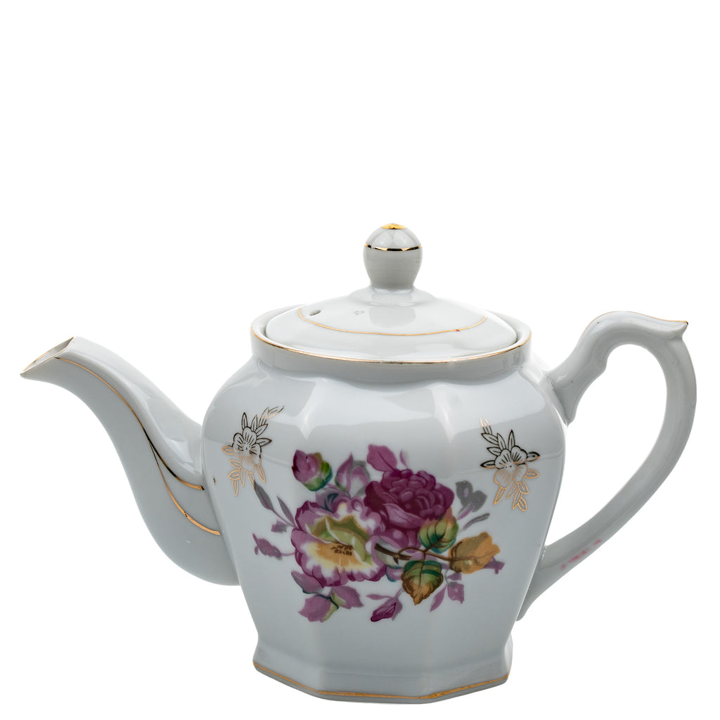 Octagonal Floral Porcelain Teapot - Gold Gilt Detail