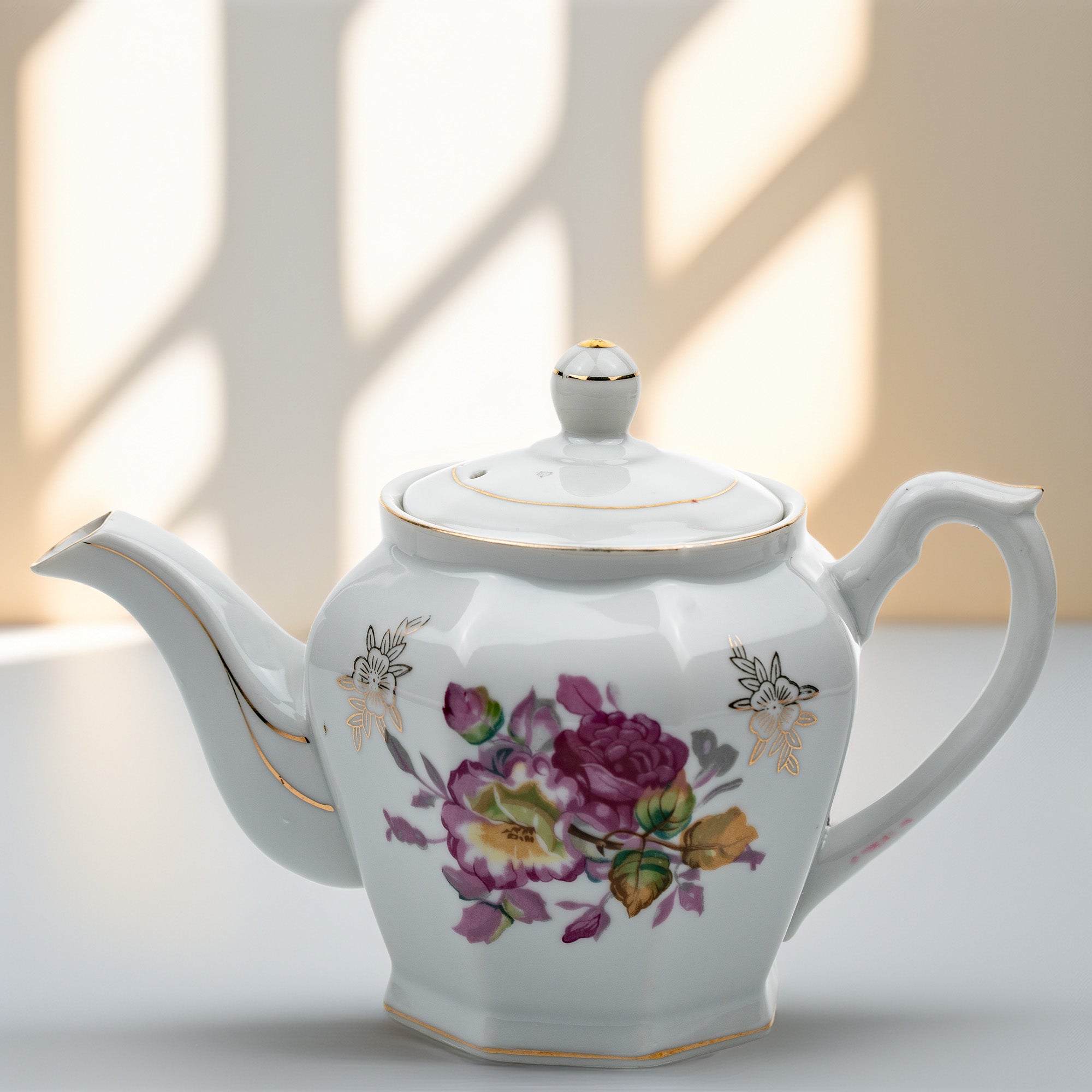 Octagonal Floral Porcelain Teapot - Gold Gilt Detail