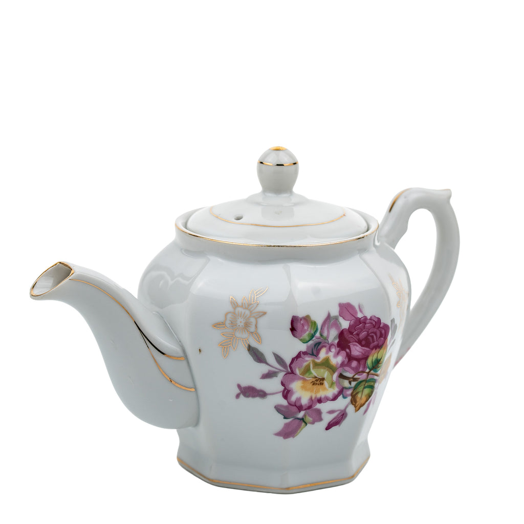 Octagonal Floral Porcelain Teapot - Gold Gilt Detail