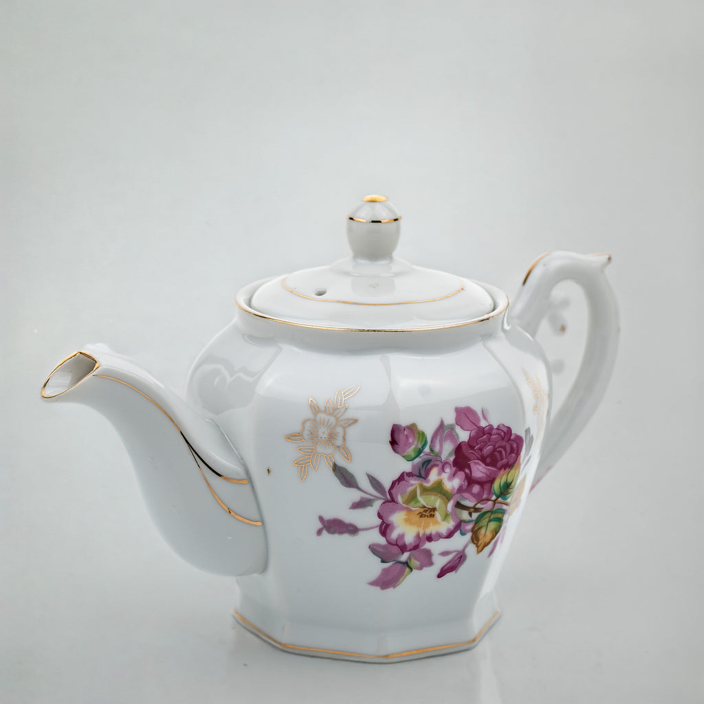 Octagonal Floral Porcelain Teapot - Gold Gilt Detail