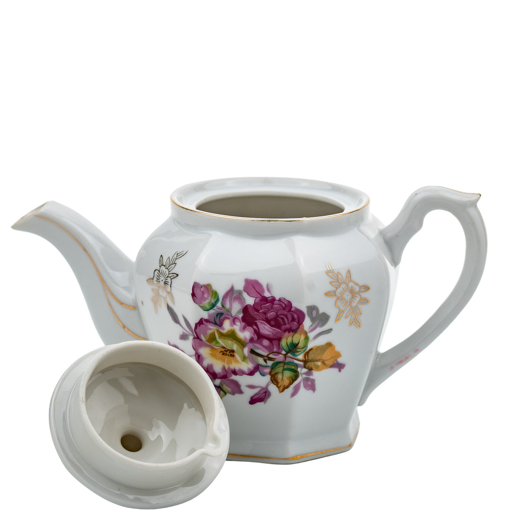 Octagonal Floral Porcelain Teapot - Gold Gilt Detail